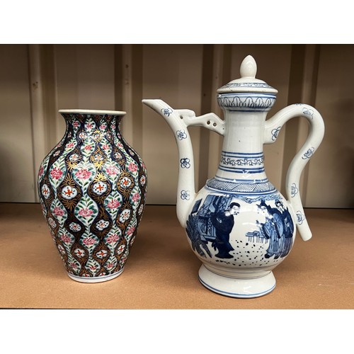 93 - Chinese blue and white teapot and a floral porcelain vase, approx 27cm H and smaller (2)