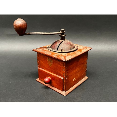 103 - Antique French Peugeot wood and metal coffee grinder, approx 18cm H