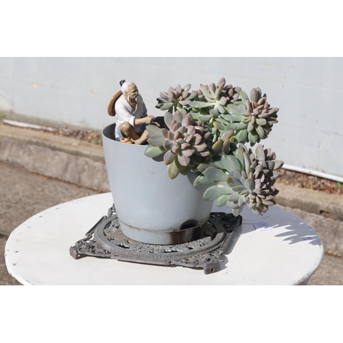 833 - Pot & succulents with oriental man figure, approx 30cm H x 24cm W