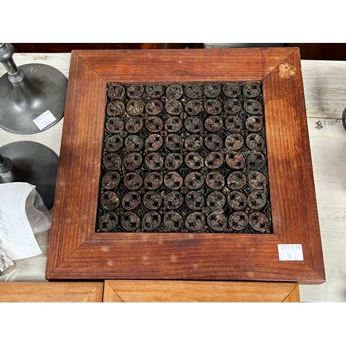 206 - Pair of framed antique transfer printed tiles, along with miscellanea, candlesticks, cast head, Russ... 