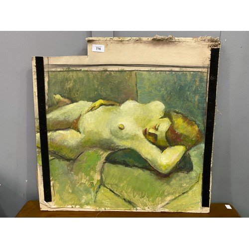 776 - Unframed oil reclining nude female, approx 46cm x 51cm