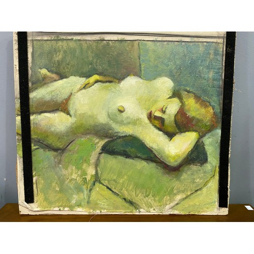 776 - Unframed oil reclining nude female, approx 46cm x 51cm