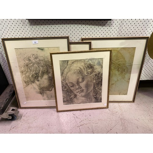 791 - Four decorative prints, approx 44cm x 31cm and smaller (4)