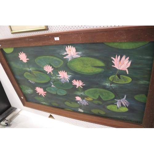 801 - Large oil on canvas of a pond, in wooden frame, approx 74cm x 134cm