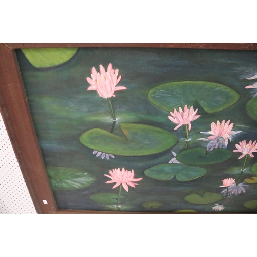 801 - Large oil on canvas of a pond, in wooden frame, approx 74cm x 134cm