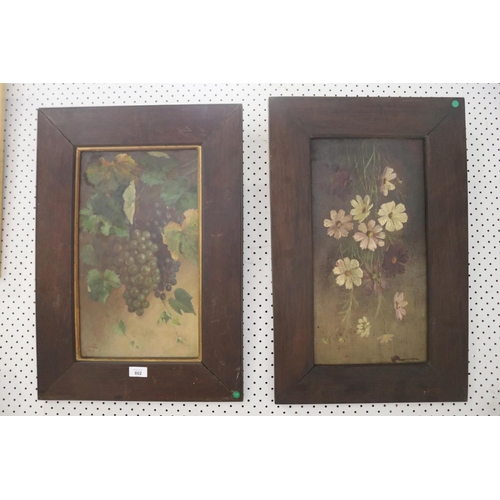 802 - Pair of antique still lifes, of flowers, oil on board, in wooden frames, signed, approx 47cm x 24cm ... 