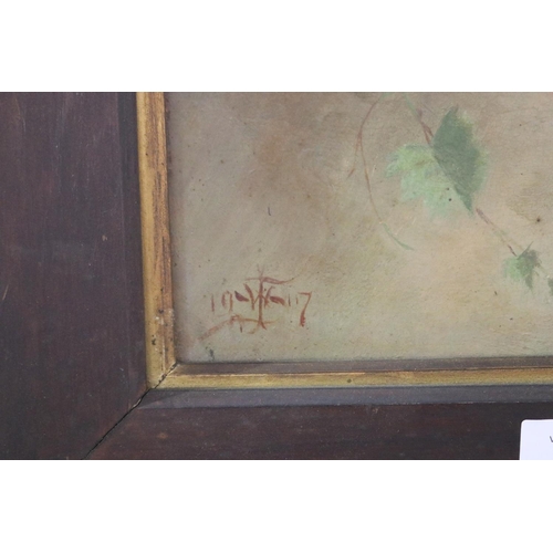 802 - Pair of antique still lifes, of flowers, oil on board, in wooden frames, signed, approx 47cm x 24cm ... 