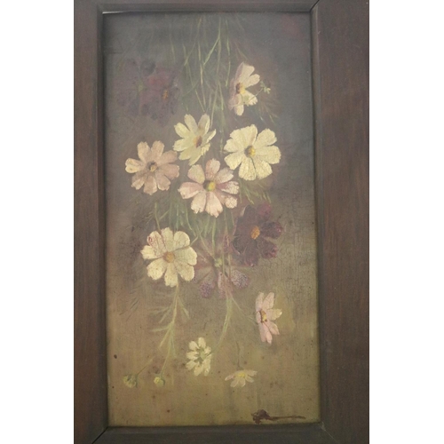 802 - Pair of antique still lifes, of flowers, oil on board, in wooden frames, signed, approx 47cm x 24cm ... 