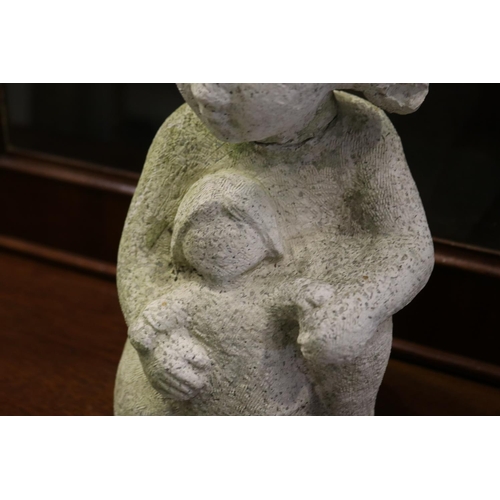 832 - Composite stone garden statue of girl with her dolly, approx 28cm H x 13cm W (AF)