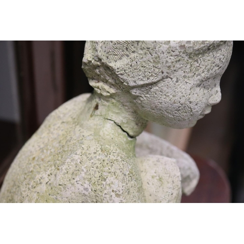 832 - Composite stone garden statue of girl with her dolly, approx 28cm H x 13cm W (AF)