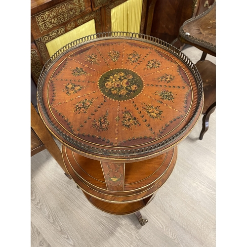 1035 - Fine antique satinwood revolving circular dumb waiter, hand painted with flowers and leaf chains & f... 