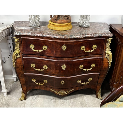 1043 - Fine antique 19th century French parquetry bombe shape marble topped three drawer commode, approx 92... 