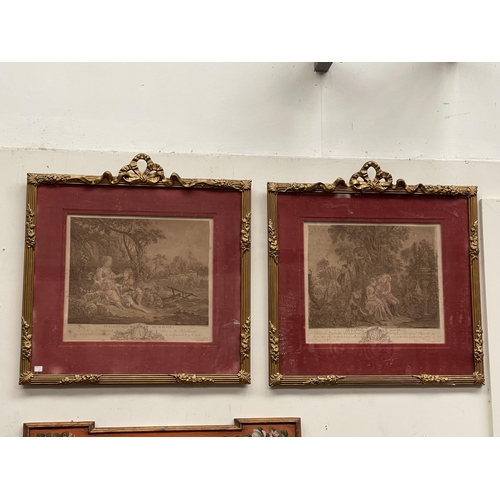 1073 - Fine pair of antique framed engravings, F. Boucher hand coloured, each approx 42cm x 45cm (2)