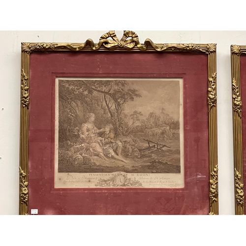 1073 - Fine pair of antique framed engravings, F. Boucher hand coloured, each approx 42cm x 45cm (2)