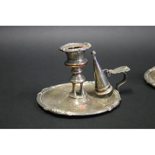 1013 - Pair of antique old Sheffield plate chamber sticks with original snuffers, approx 10cm H (2)