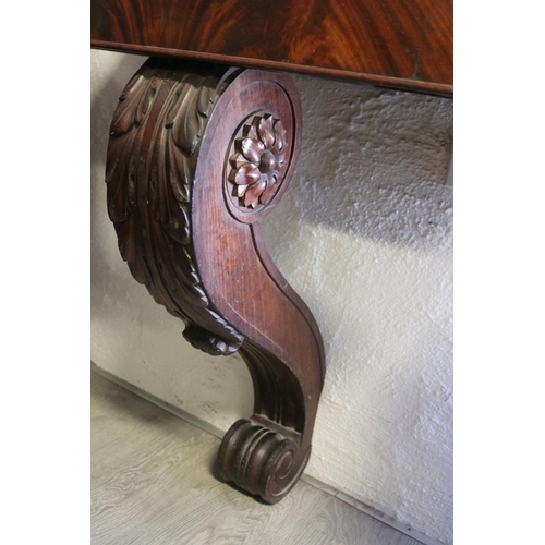 1034 - Antique 19th century mahogany marble topped wall console, well carved acanthus leaf central support,... 