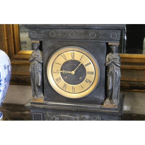 1041 - Large antique black slate mantle clock. Brass and ebonized dial engraved with Hardy Bros Sydney. The... 