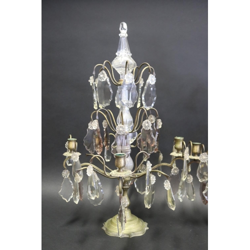 1046 - Pair of French brass and cut crystal four stick girandoles,  approx 64cm H each (2)