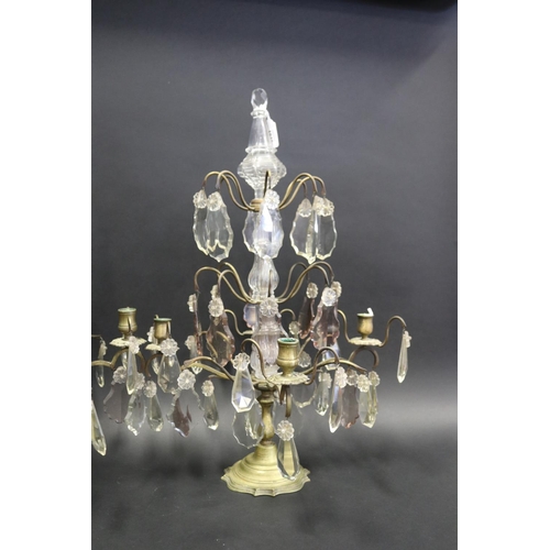 1046 - Pair of French brass and cut crystal four stick girandoles,  approx 64cm H each (2)