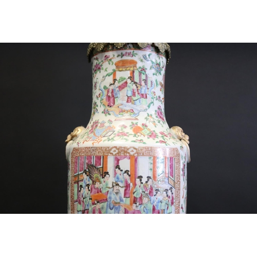 1047 - Large antique 19th century Chinese famille rose vase, with ormolu mounts. Painted panels of various ... 