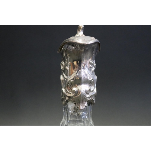 1056 - Fine pair silver plate mounted cut crystal claret or wine jugs, mounts unmarked, approx 28cm H each ... 