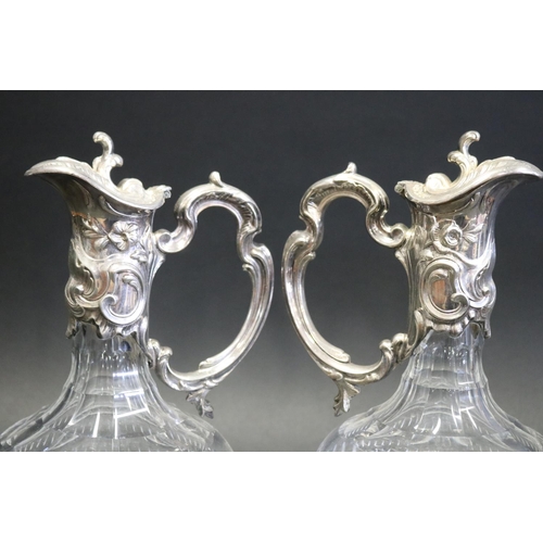 1056 - Fine pair silver plate mounted cut crystal claret or wine jugs, mounts unmarked, approx 28cm H each ... 