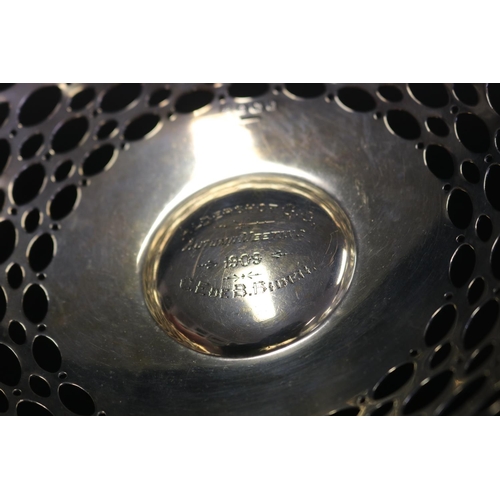 1058 - Antique sterling silver twin handled pierced basket, Engraved with Aldershot Gun Club - Autumn Meeti... 