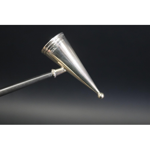 1082 - As New Mappin and Webb silver plate on copper long handled candle snuffer, approx 34cm L