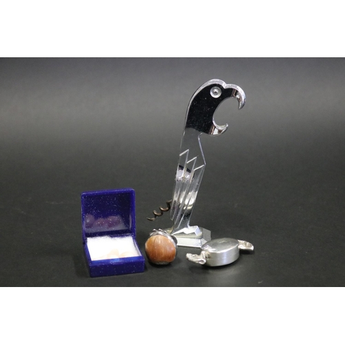 1085 - Sterling silver mounted hazel nut, 925 marked sweet box, Tucan cork screw-bottle opener, Box with fo... 