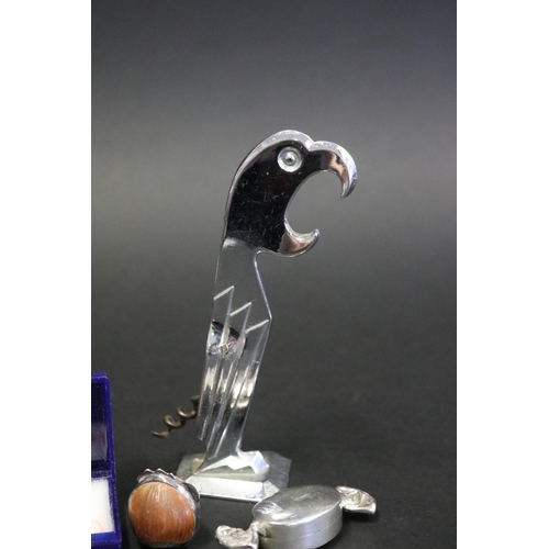 1085 - Sterling silver mounted hazel nut, 925 marked sweet box, Tucan cork screw-bottle opener, Box with fo... 