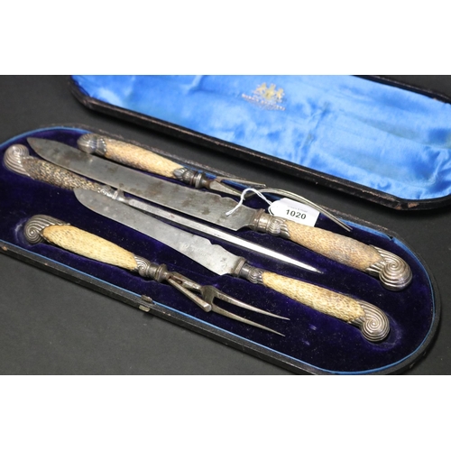 1020 - Fine antique sterling silver mounted antler four piece carving set. Mappin Brothers London. Silver m... 