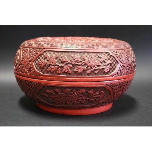 1022 - Antique large Chinese Cinnabar lacquer covered circular Box, Qing Dynasty, approx 19cm H x 33cm Dia
