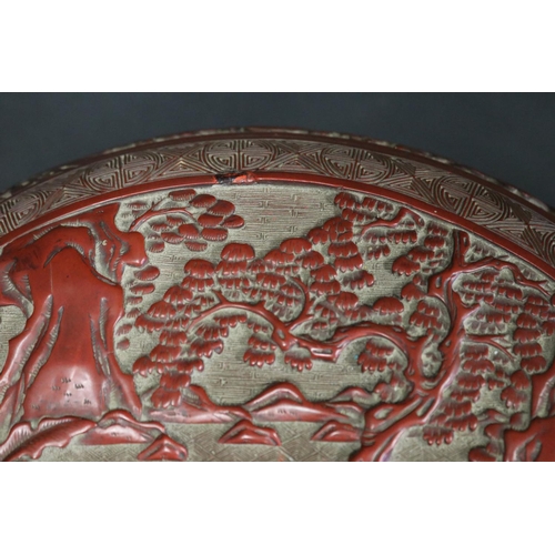 1022 - Antique large Chinese Cinnabar lacquer covered circular Box, Qing Dynasty, approx 19cm H x 33cm Dia