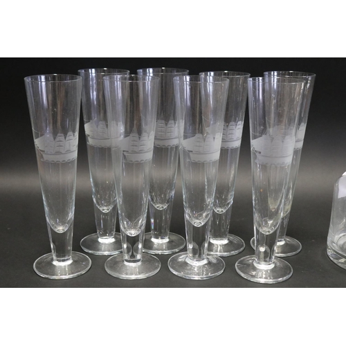 1024 - Set of eight tall glasses, each wheel cut and etched with four mast sailing ships, along with the ma... 