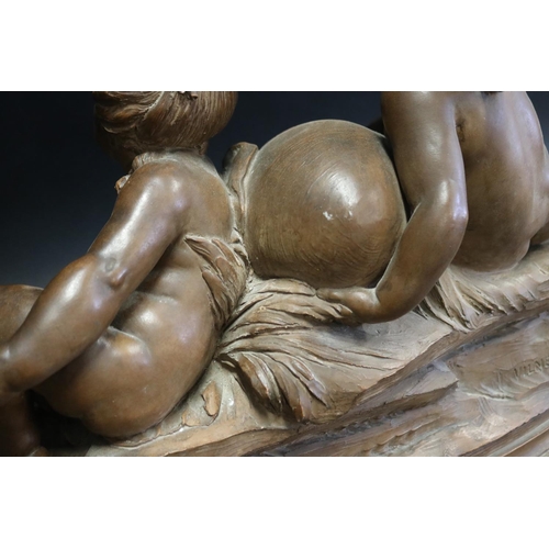 1025 - Large antique French terracotta figure group, of two putti, signed Vilney, approx 41cm H x 60cm L