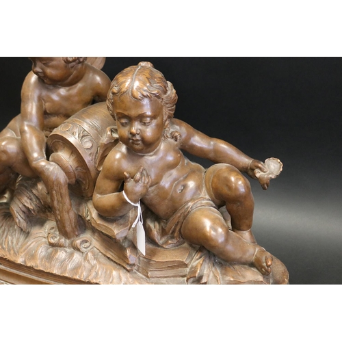 1025 - Large antique French terracotta figure group, of two putti, signed Vilney, approx 41cm H x 60cm L