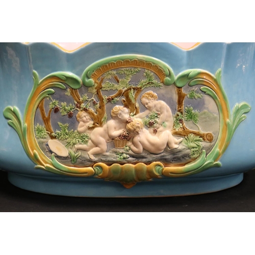 1031 - Large antique 19th century likely French majolica jardiniere, of oval elongated shape, with scallope... 
