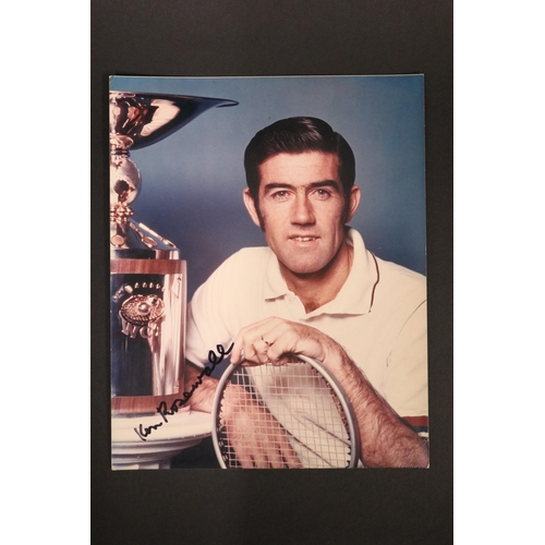 1053 - Colour photograph Ken Rosewall with Seamco tennis racquet and the WCT Trophy 1971 or 72, black and w... 