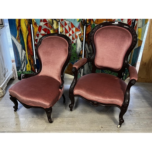 525 - Antique Victorian grandfather and grandmother chairs. (2)