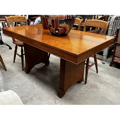 530 - Satin wood veneer Art deco twin pedestalled dining table.