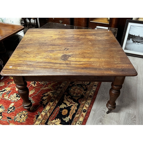 534 - Antique Australian cedar turned leg country table, (missing a wheel), approx 76cm H x 133cm W x 117c... 