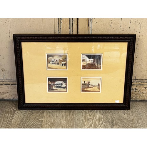 547 - Four framed coloured prints, Clarrie Cox, various rural township buildings, mounted in antique press... 