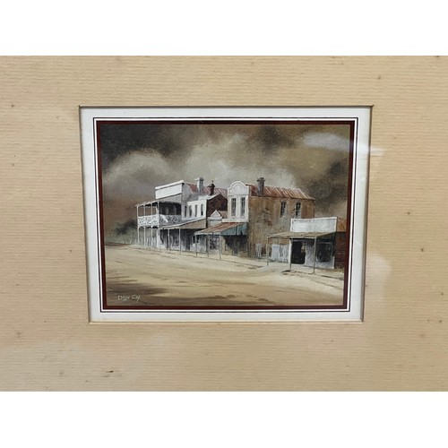 547 - Four framed coloured prints, Clarrie Cox, various rural township buildings, mounted in antique press... 