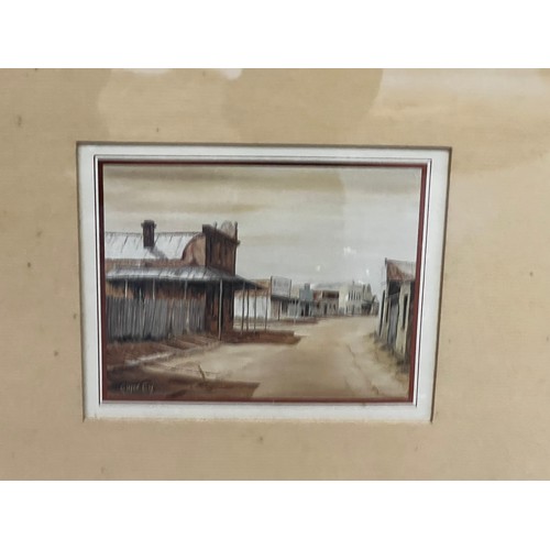 547 - Four framed coloured prints, Clarrie Cox, various rural township buildings, mounted in antique press... 