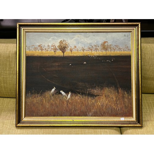 556 - David Edward Armfield (1923-2010) Australia, untitled, cockatoos and ploughed field, oil on canvas b... 