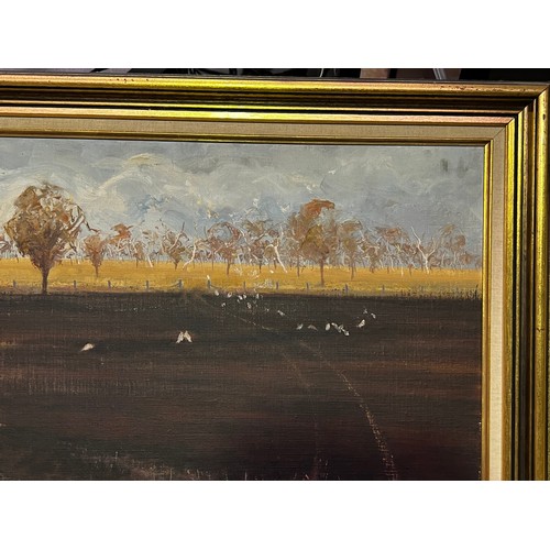 556 - David Edward Armfield (1923-2010) Australia, untitled, cockatoos and ploughed field, oil on canvas b... 