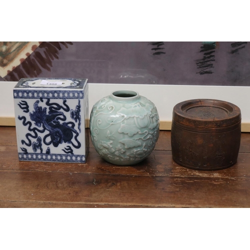 568 - Antique Chinese blue and white flower brick, along with a celadon jar, and antique Chinese lidded po... 