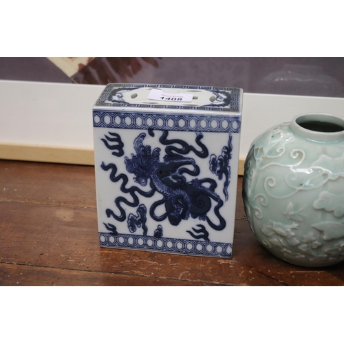 568 - Antique Chinese blue and white flower brick, along with a celadon jar, and antique Chinese lidded po... 