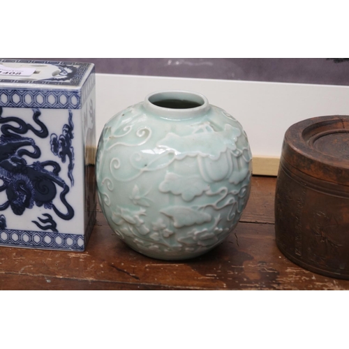 568 - Antique Chinese blue and white flower brick, along with a celadon jar, and antique Chinese lidded po... 