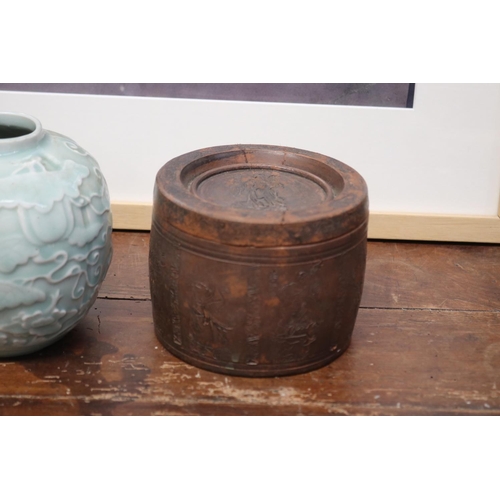 568 - Antique Chinese blue and white flower brick, along with a celadon jar, and antique Chinese lidded po... 